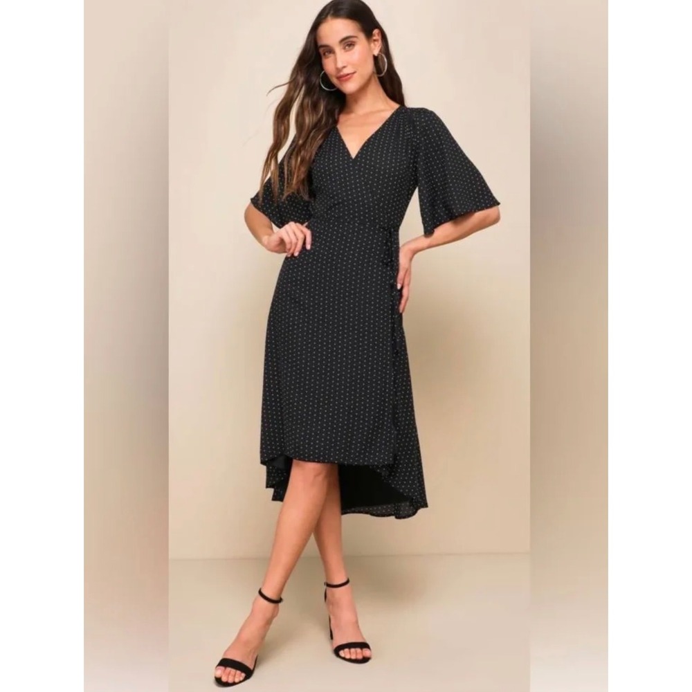 Lulus Farah Wrap Dress Womens S Black Triangle Print High Low Flutter Sleeve NWT